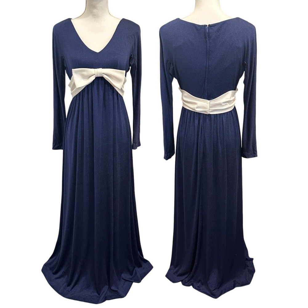 VTG 70s Blue Bucolic‎ Maxi Dress Bow Accent Boho Hippie Victorian Edwardian XS